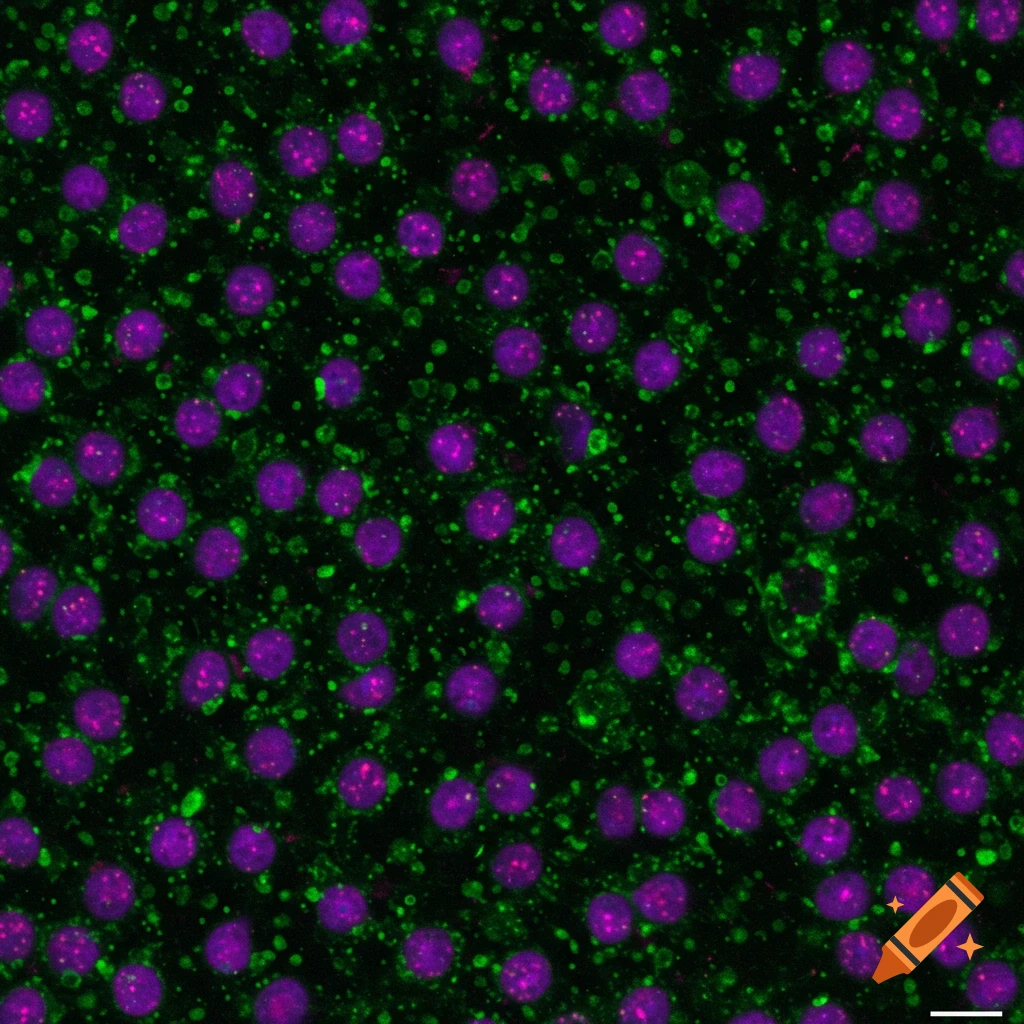 Fluorescence microscopy image showing purple cell nuclei surrounded by green cytoplasm on a dark background.