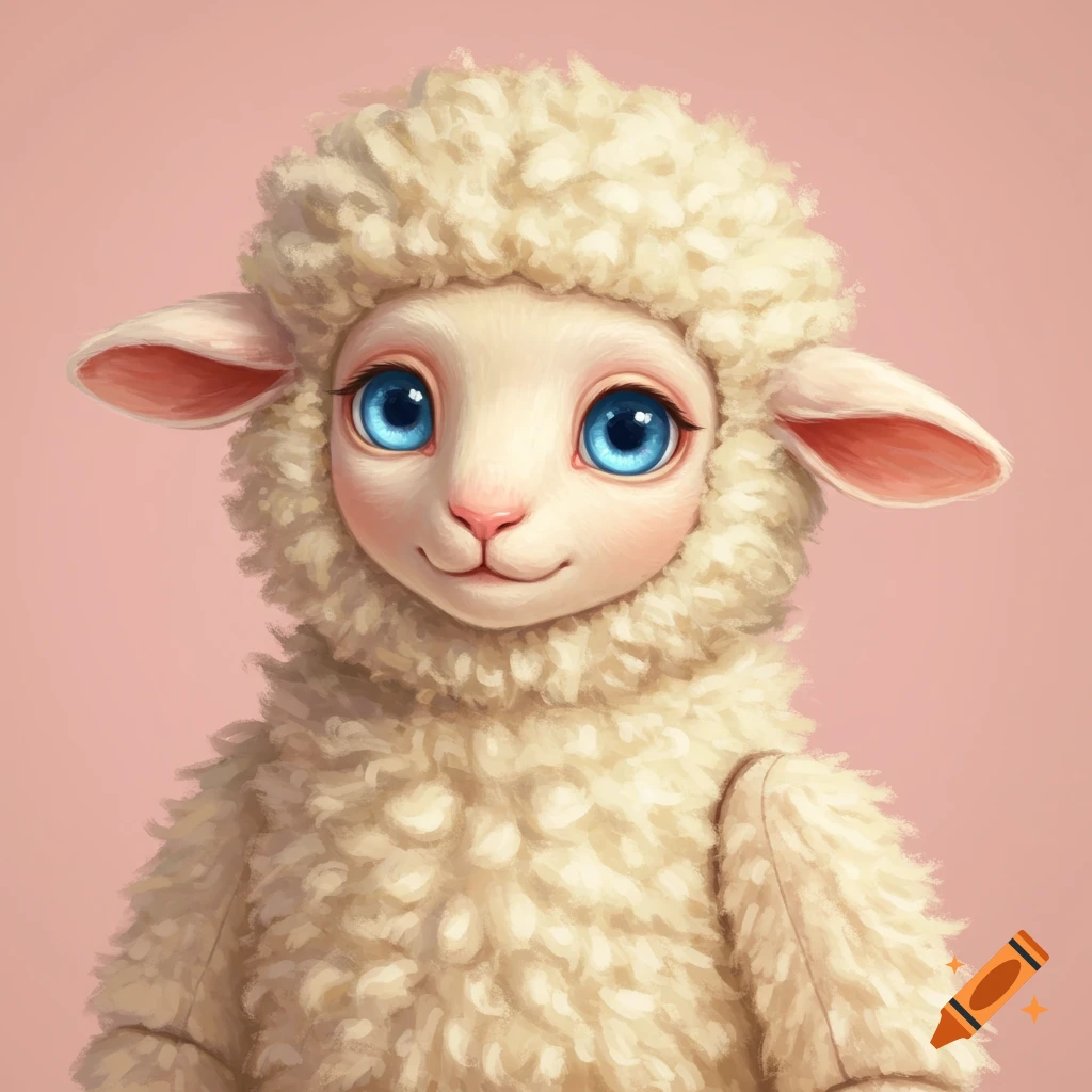 A cute sheep doll with large blue eyes.