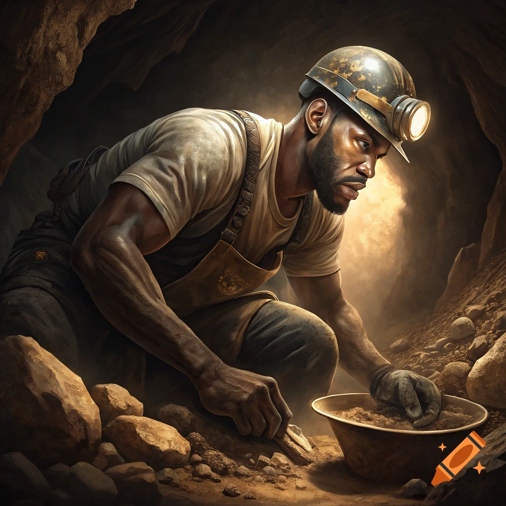 Man in hard hat and apron digging in a cave with a trowel.
