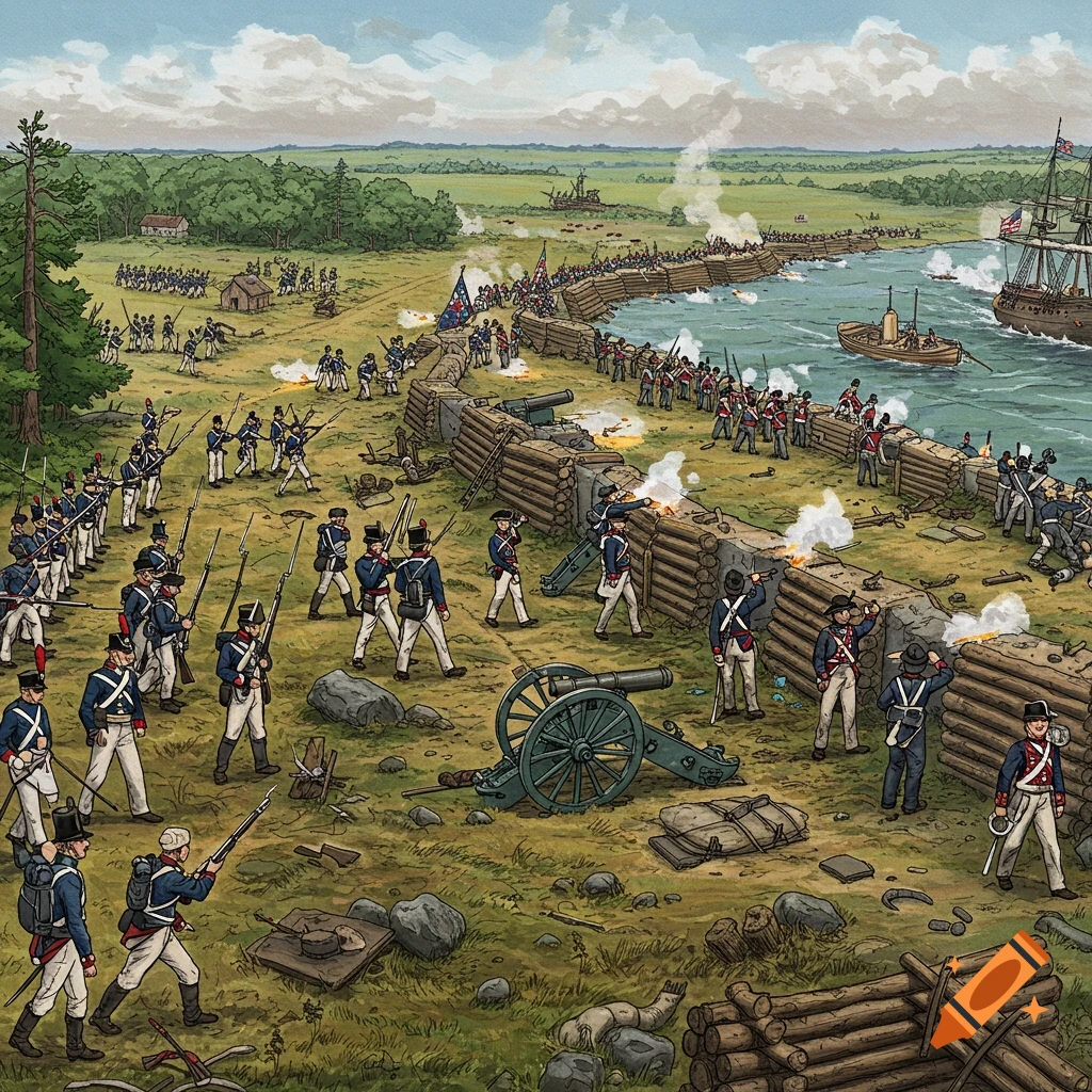 Illustration of a historical battle with soldiers firing from log fortifications along a river against ships.