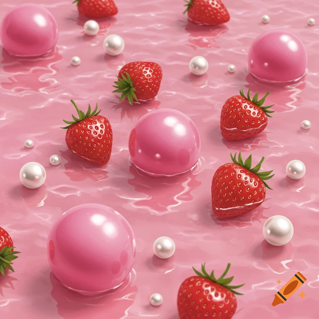 Strawberries, pink spheres, and pearls floating in pink water.