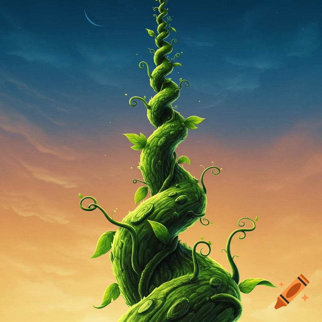 A giant, twisting green beanstalk reaches high into a colorful sky at dusk with a crescent moon.