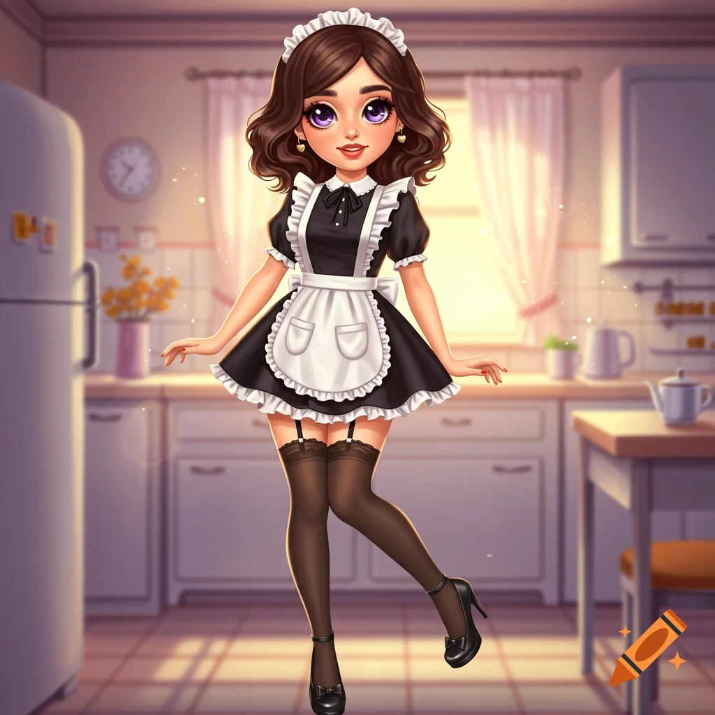 A cute brunette character in a maid outfit stands in a kitchen.