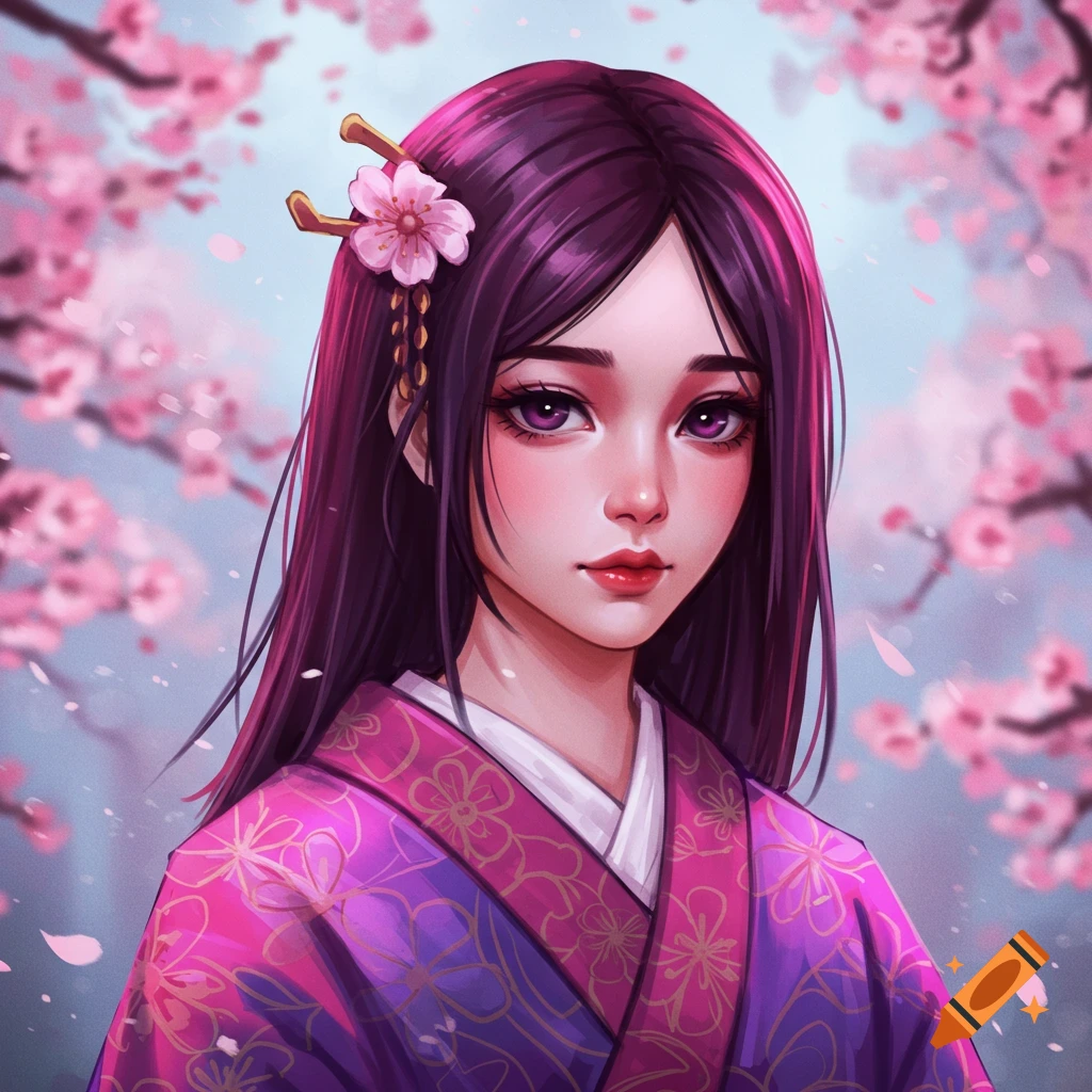 A young woman in a purple kimono with cherry blossoms.