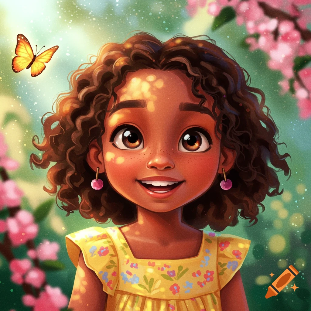 A stylized image of a young girl smiling in a sunny garden with a butterfly.
