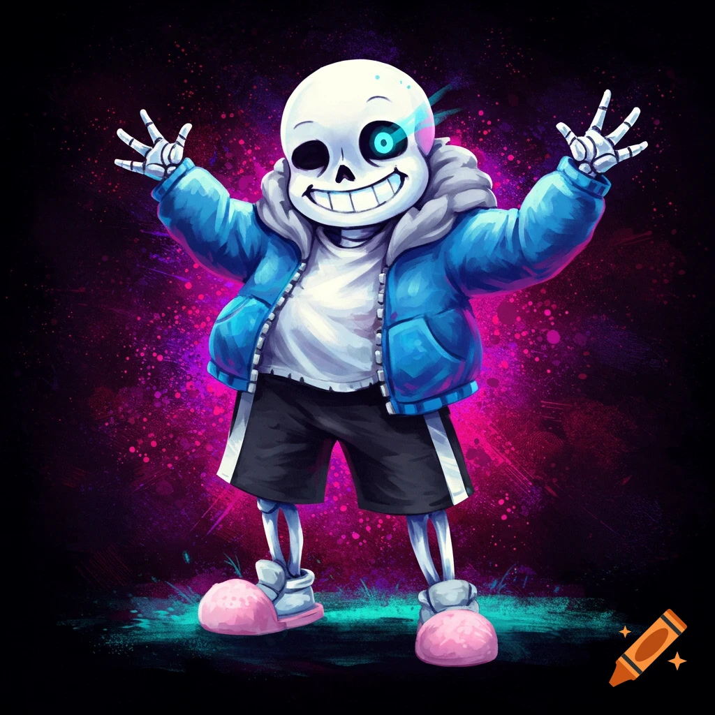 Sans from Undertale with arms outstretched against a colorful background.