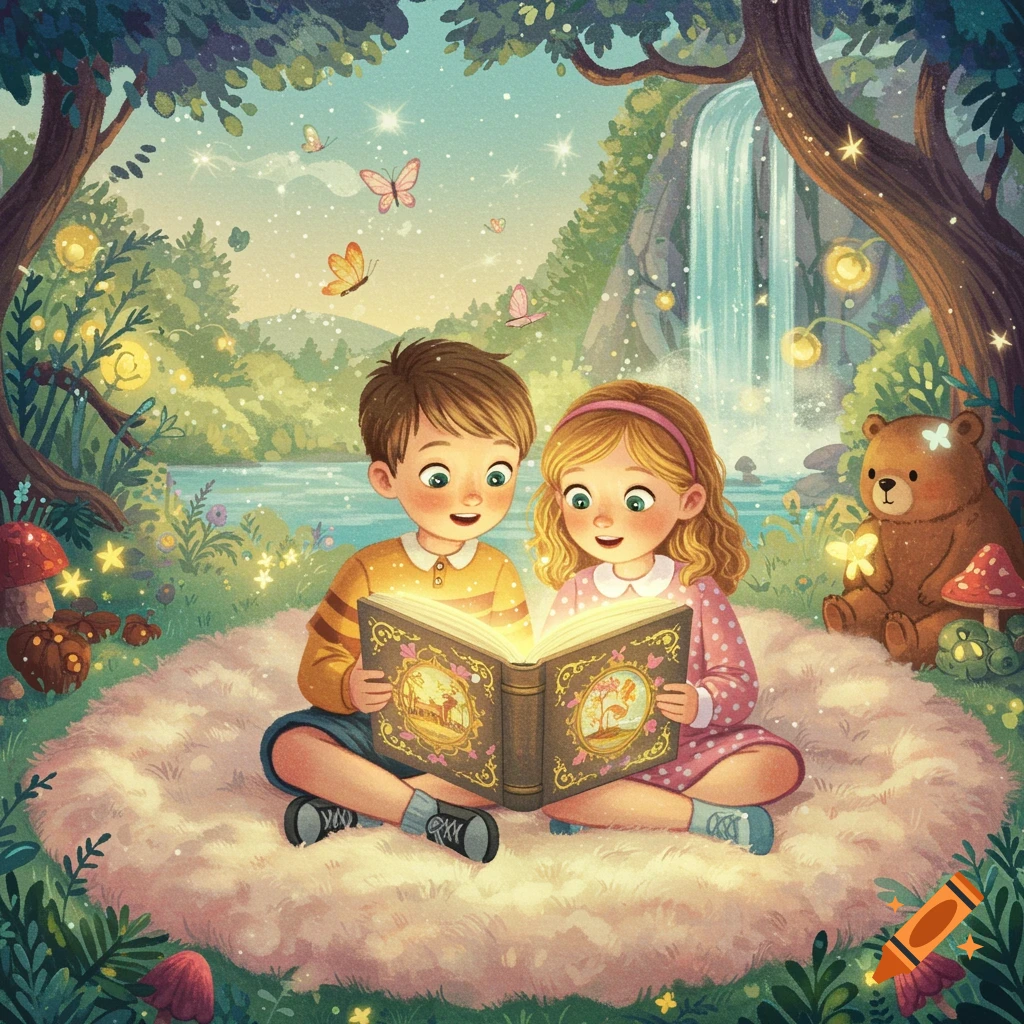 Whimsy Reading Kids reading a magical book in a whimsical children's book style on Craiyon