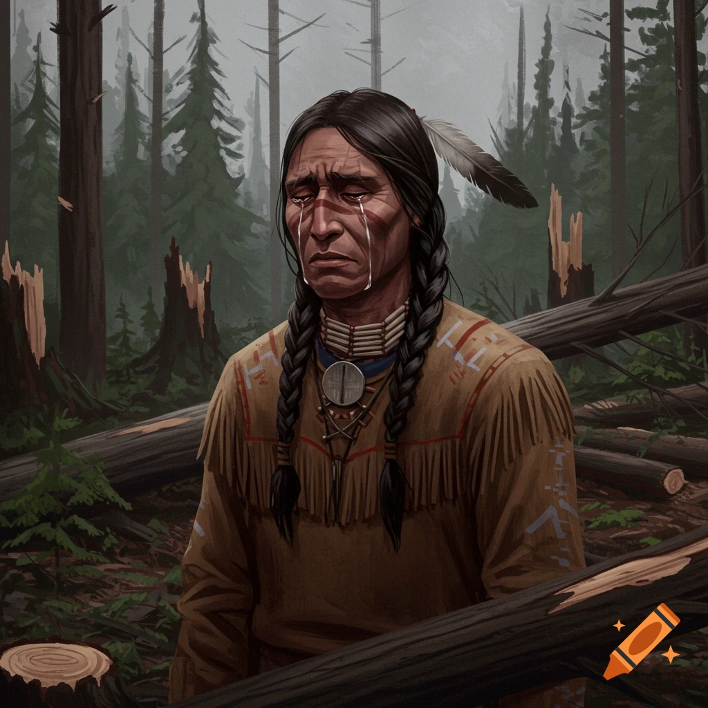 A Native American man crying in a forest with cut-down trees.