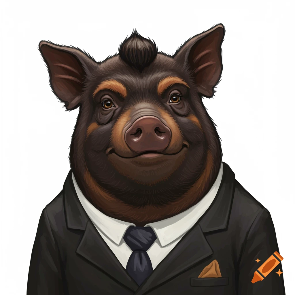 Illustration of an anthropomorphic pig wearing a suit and tie.