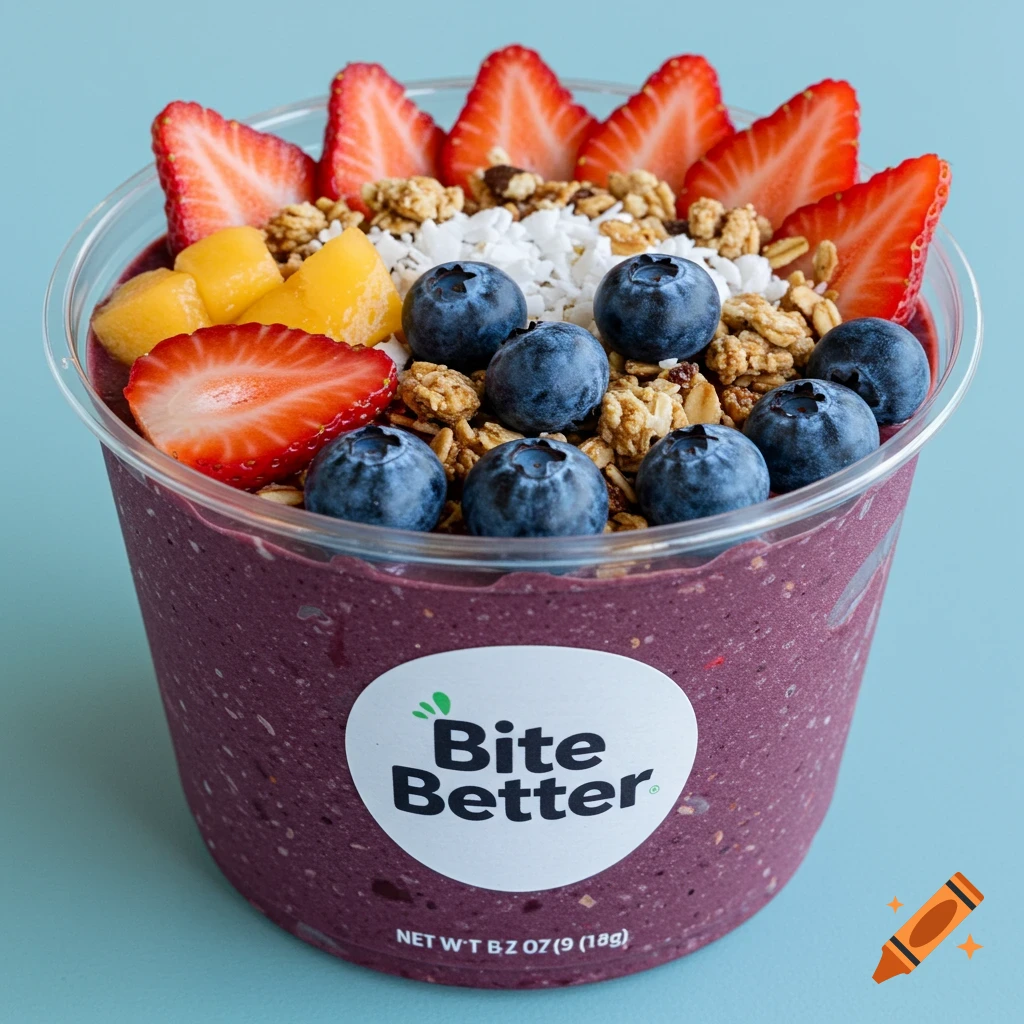 A close-up shot of an acai bowl topped with strawberries, blueberries, granola, mango, and coconut flakes, with a label reading "Bite Better".