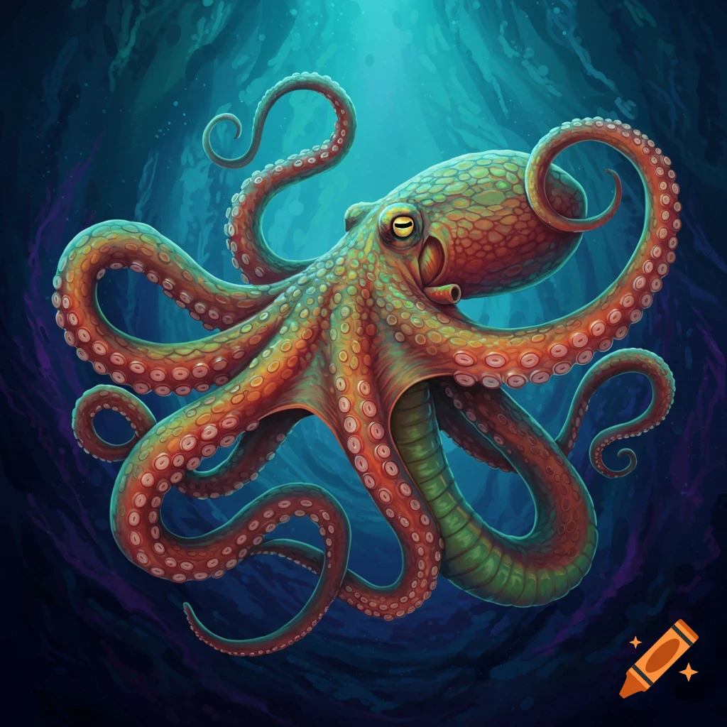 A vibrant image of an octopus floating in deep blue water.