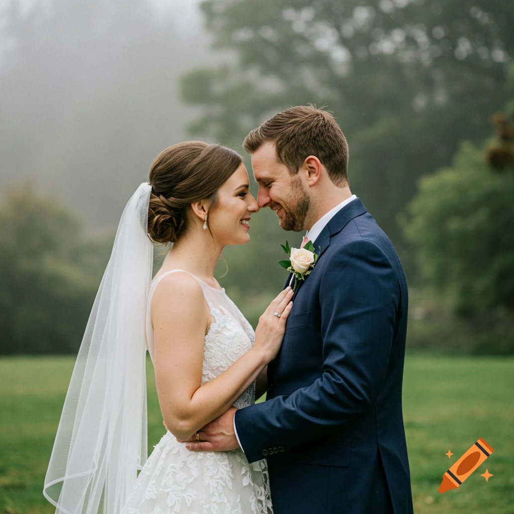 Bride and groom smiling and embracing outdoors