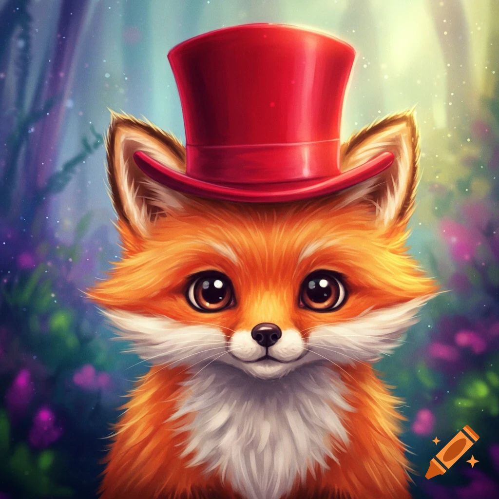 A cute fox wearing a red top hat in a forest.
