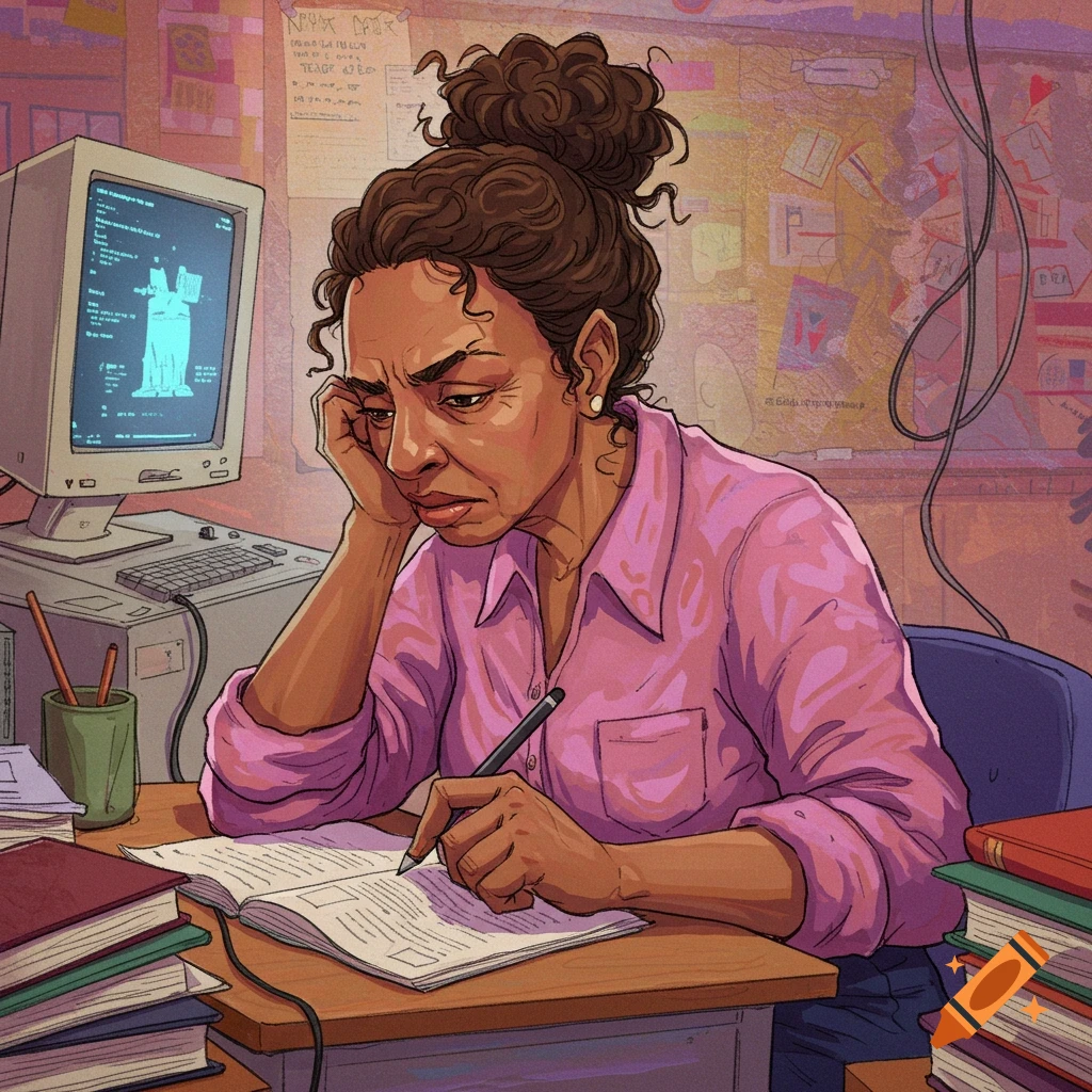 A stressed teacher is working at a desk with an old computer and piles of books.