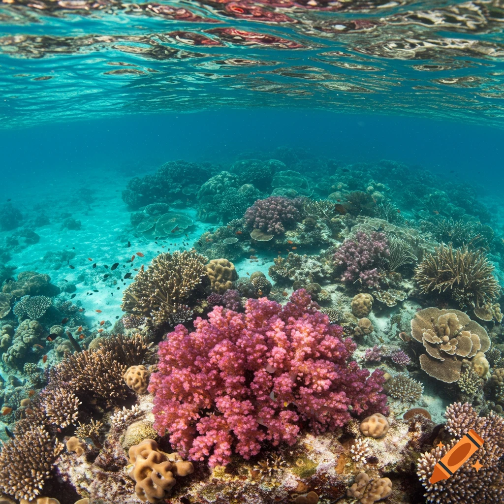 Underwater view of colorful coral reef with small fish and sunlight on the surface.