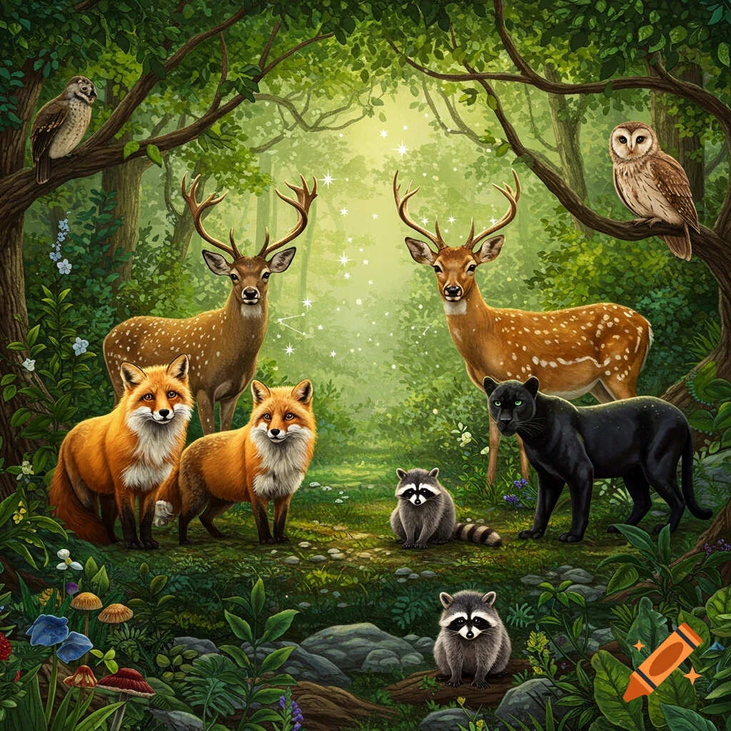 Forest animals including deer, foxes, raccoons, owls, and a black panther are gathered in a forest under a sky filled with glittery stars.
