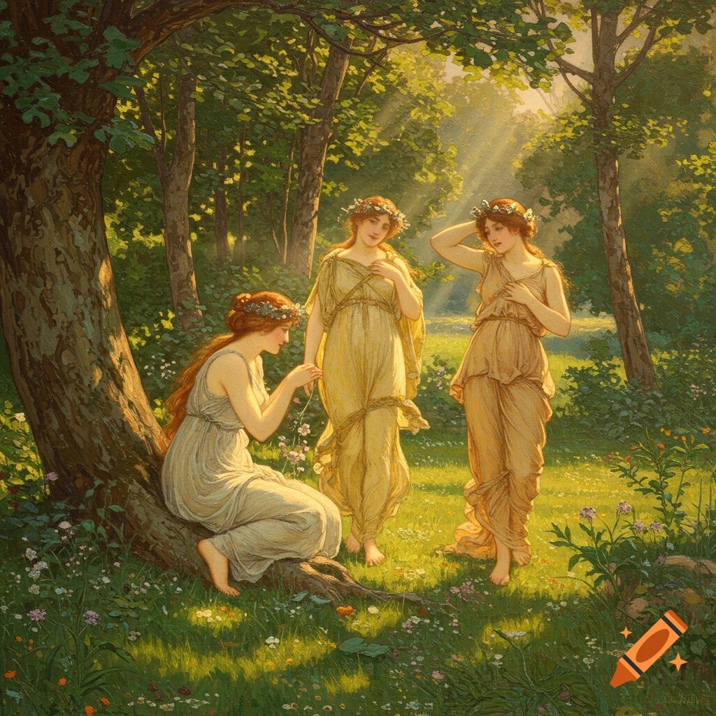 Three women in classical robes stand and sit in a sunlit forest clearing, painting style.