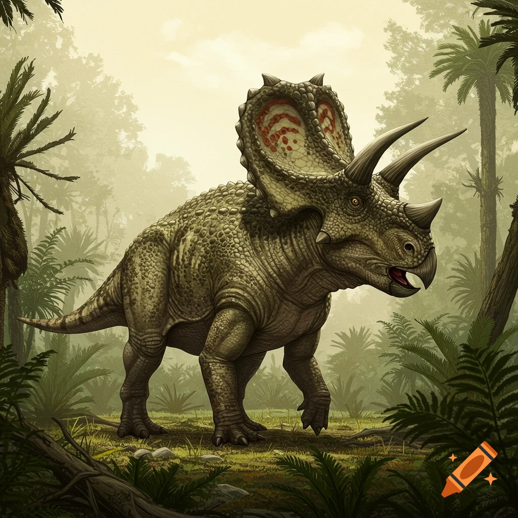 Detailed depiction of a triceratops-like dinosaur in a prehistoric jungle.