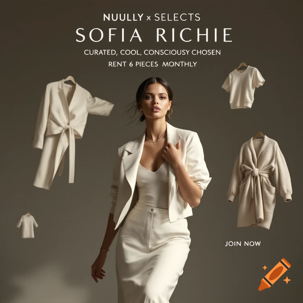 Fashion advertisement with woman in white suit and floating clothing pieces.