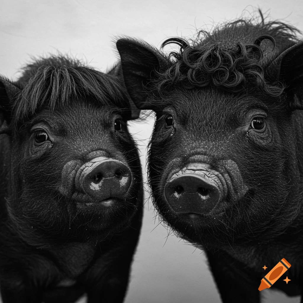 Close-up black and white photo of two black pigs.