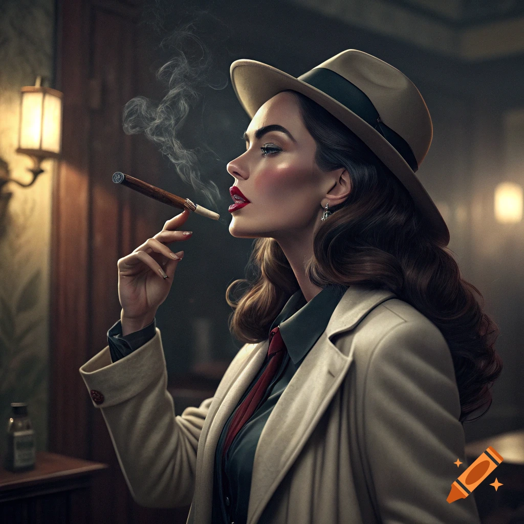 Profile of a woman in a hat and coat smoking a cigar in a dark, vintage-style room.