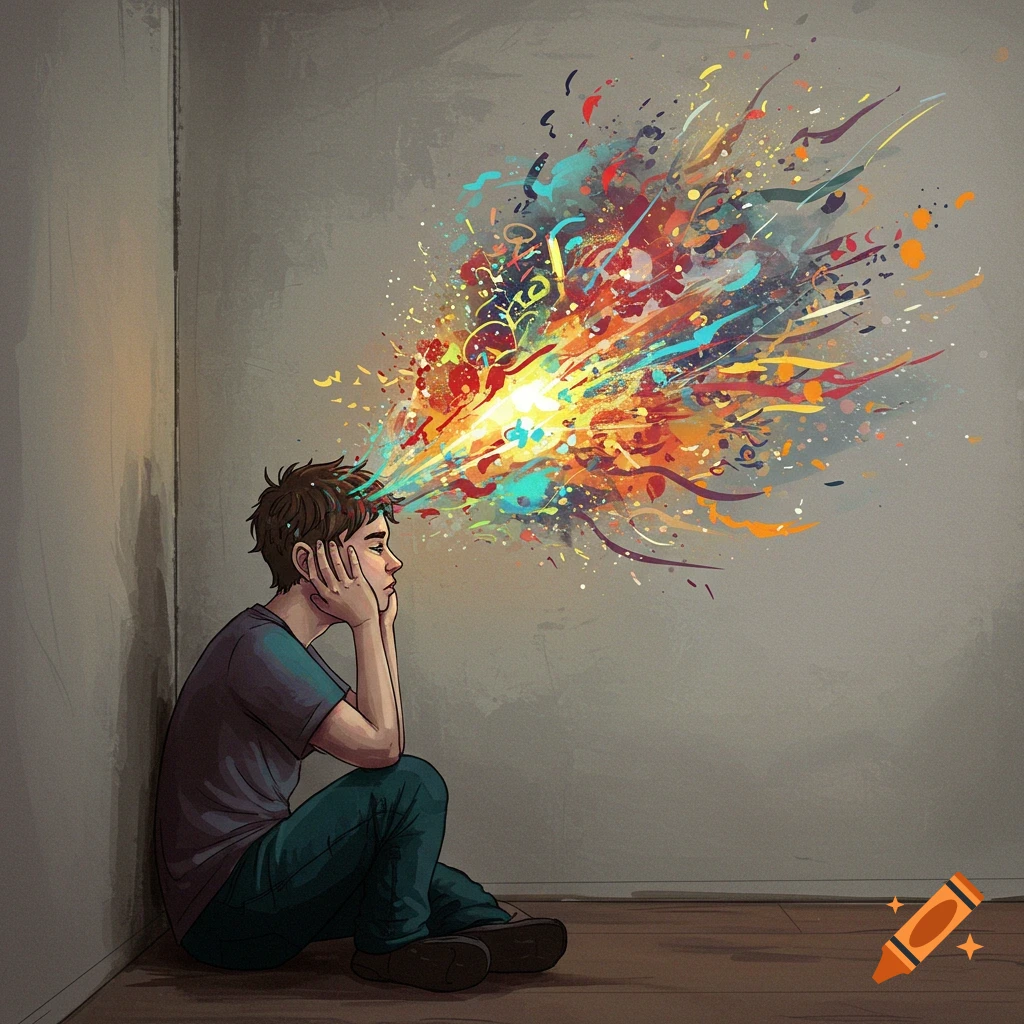 A person is sitting, and a burst of colorful abstract creativity is exploding from their head.