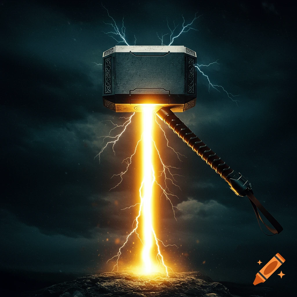 Thor's hammer strikes the ground with glowing light and lightning