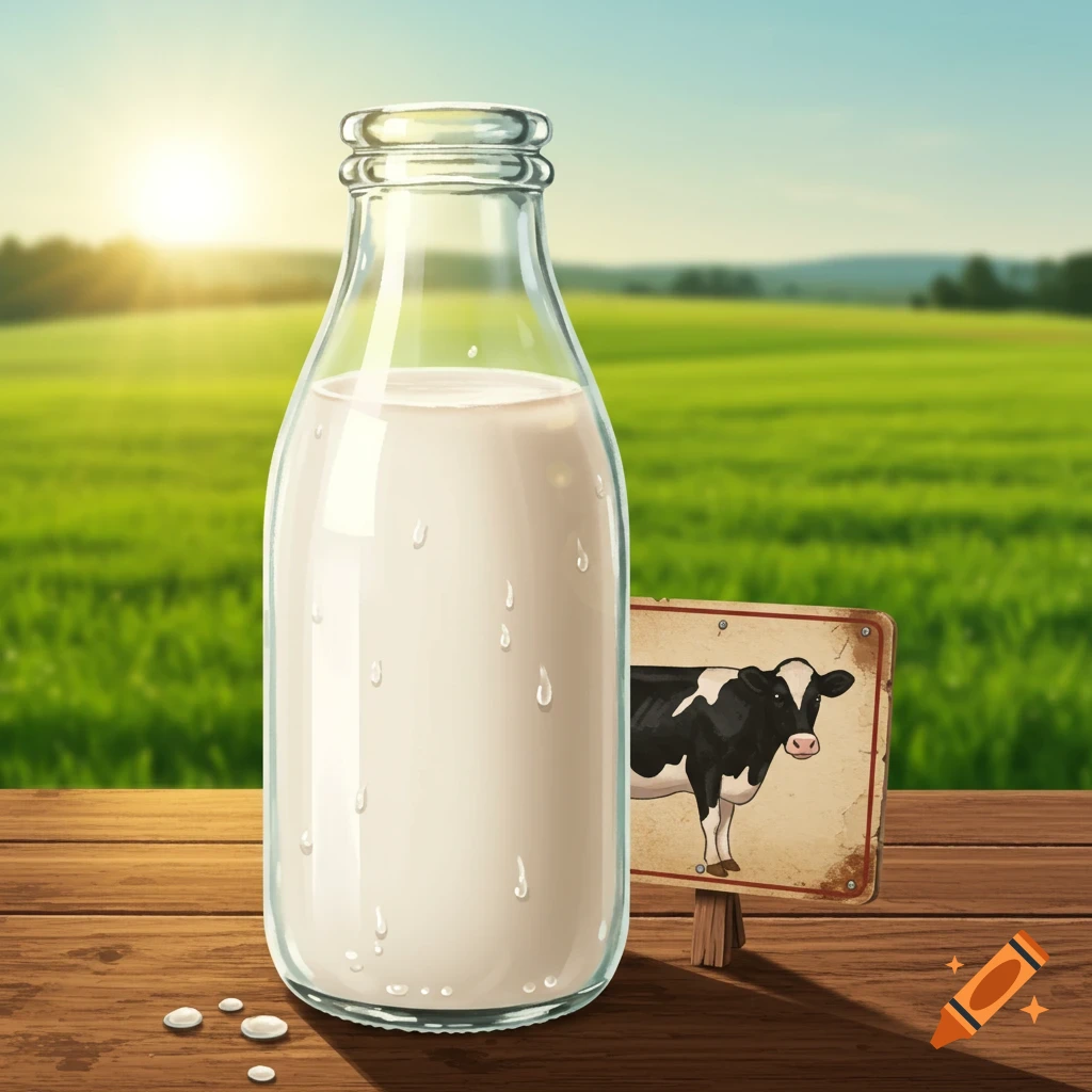 A bottle of milk and a cow sign are on a wooden table in a sunny field.