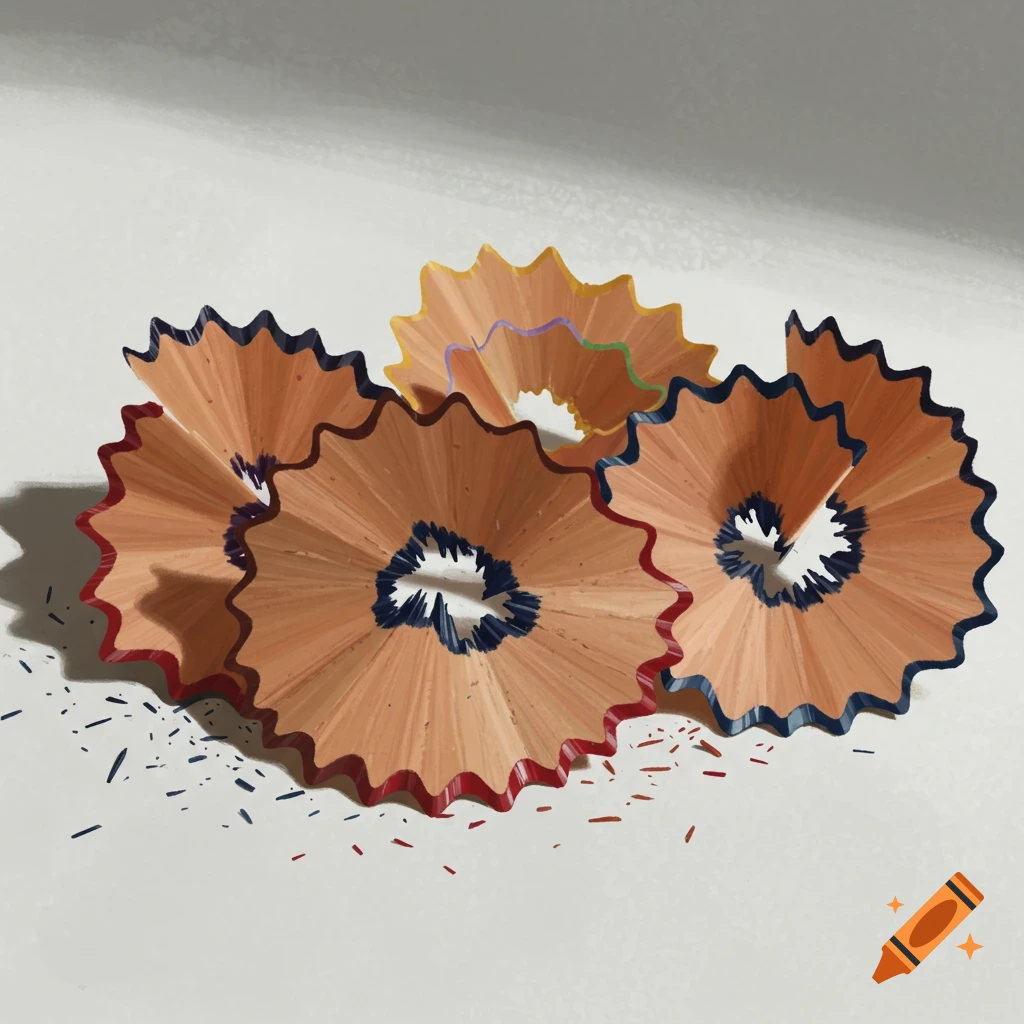 Several colorful pencil shavings and graphite bits are scattered on a surface.