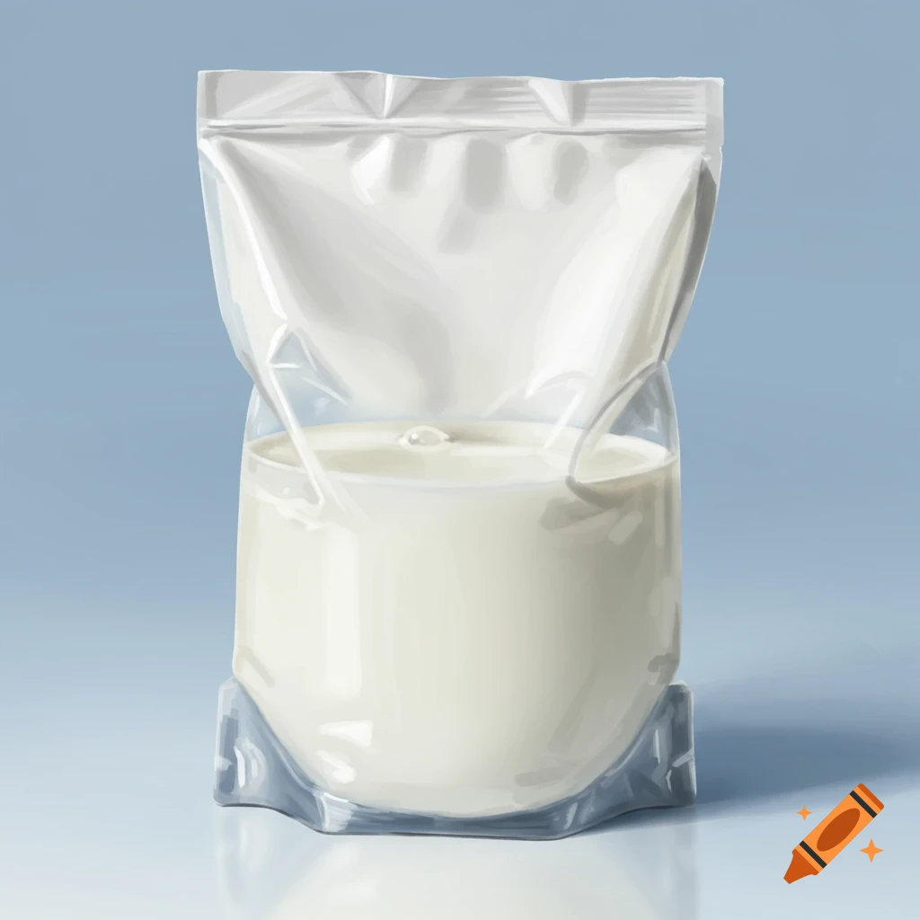 A clear plastic bag filled with milk, set against a light blue background.
