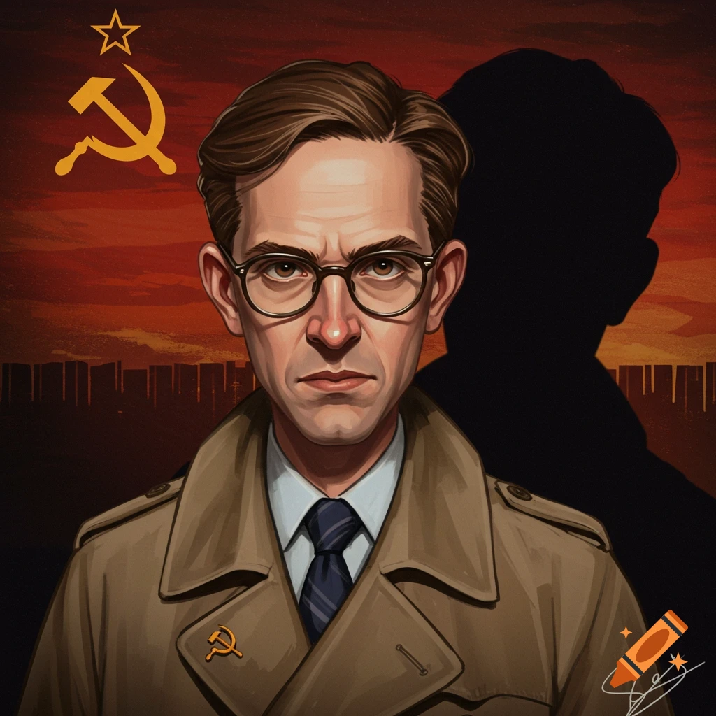 A man in a trench coat and glasses stands against a striking red sky with a prominent Soviet symbol.