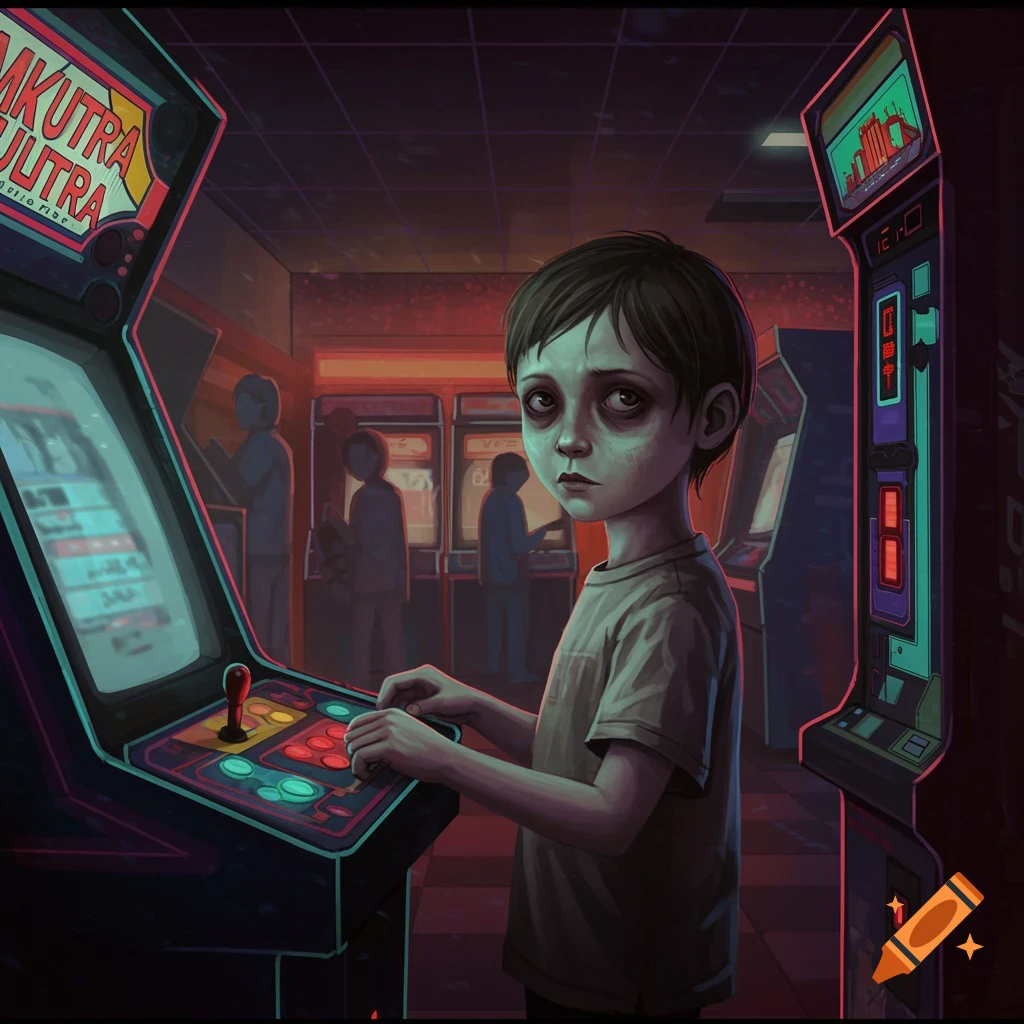 A young boy with dark eyes plays a retro arcade game in a dimly lit arcade, digital art style.