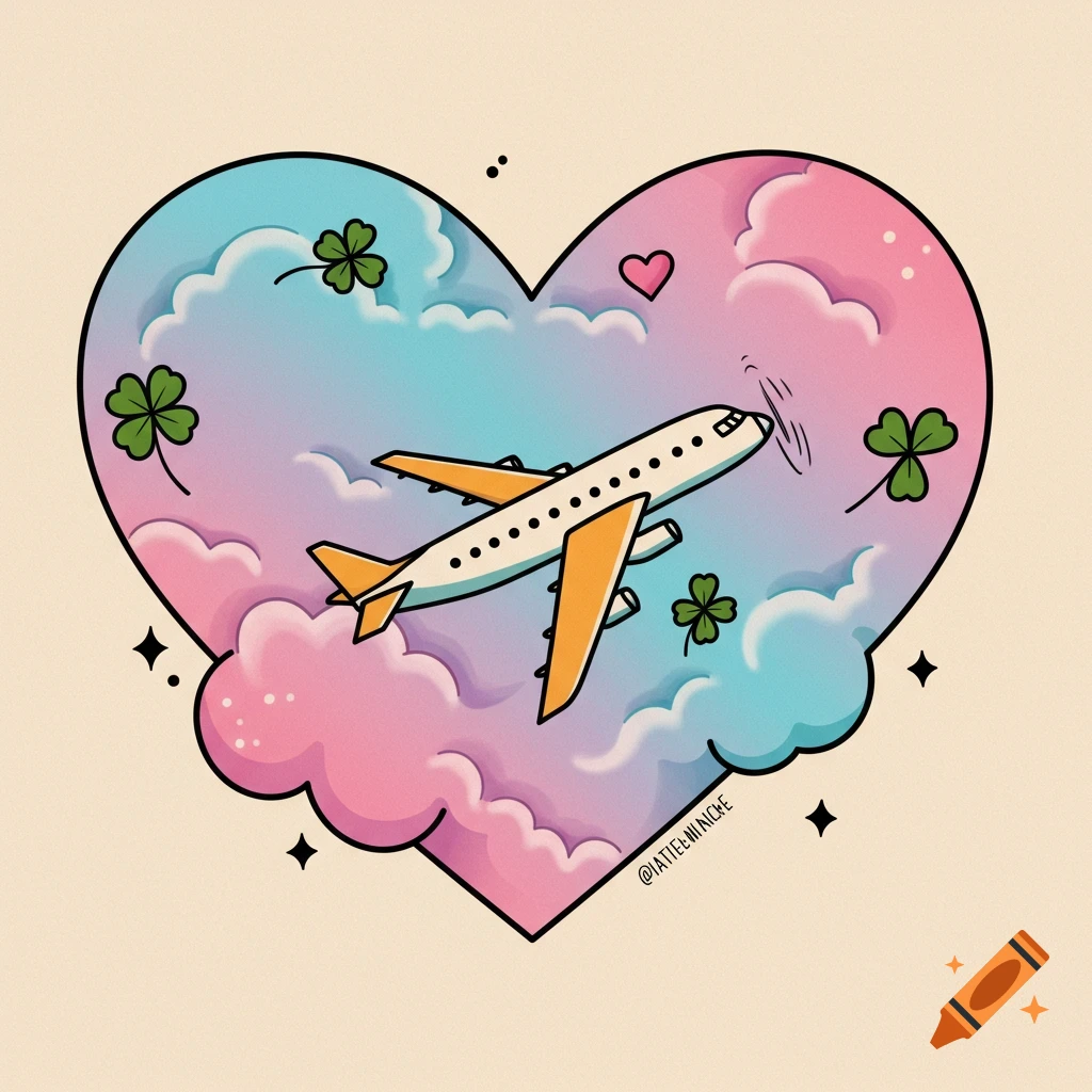 Cartoon illustration of an airplane flying through pastel clouds inside a heart shape, surrounded by clovers and sparkles.