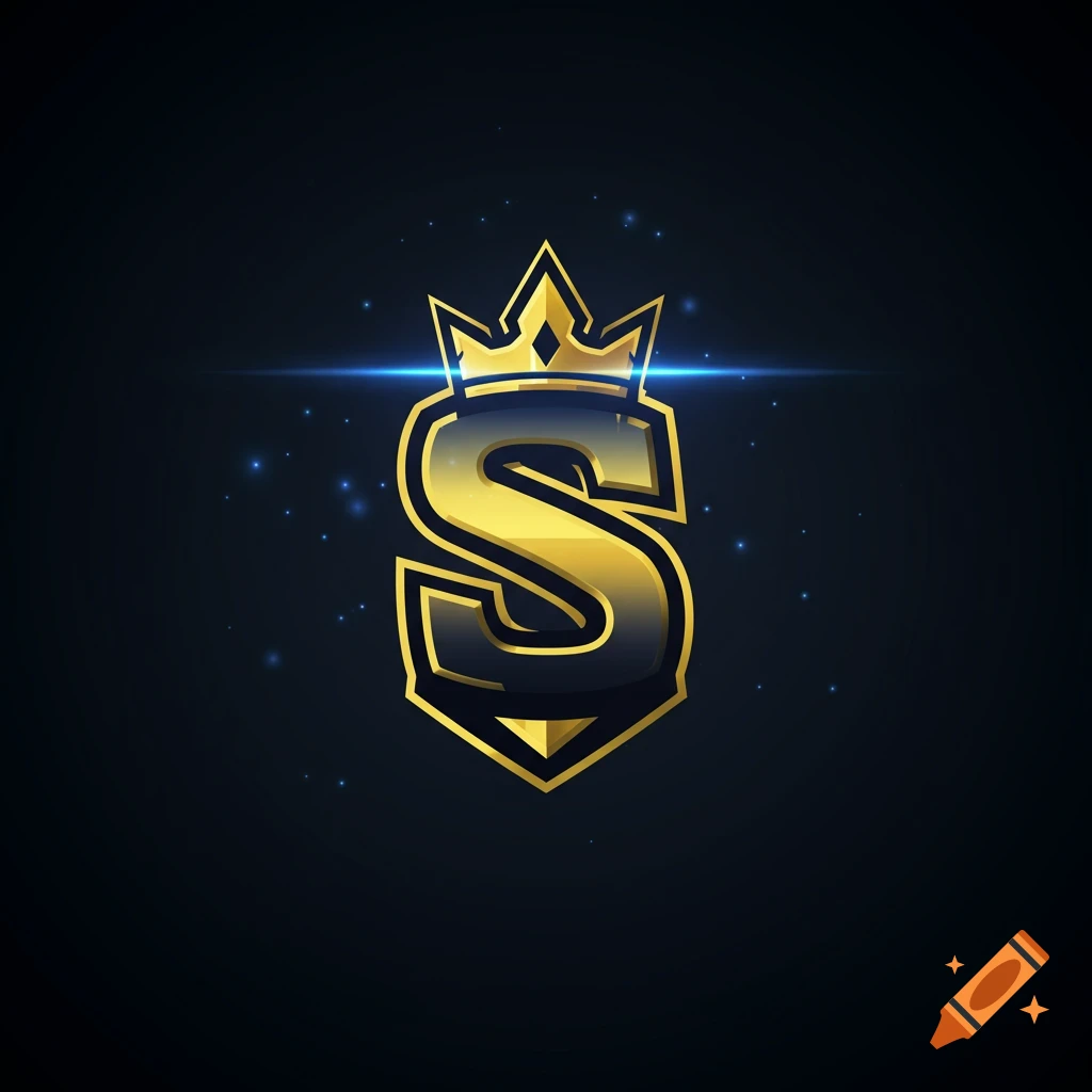 Gold and black esports logo with letter S, crown, and shield on a dark background.