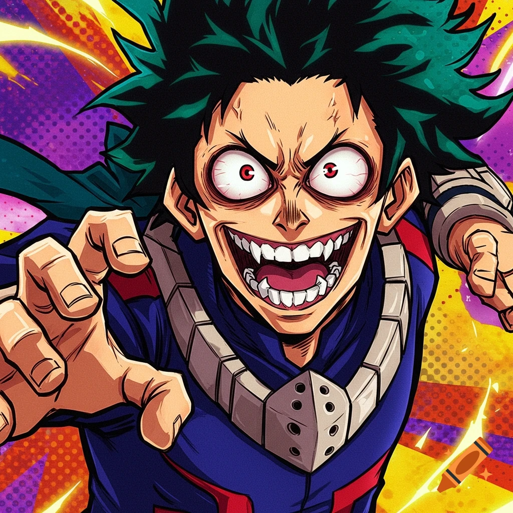 Anime character with wide grin, red eyes, and green hair reaching forward in a costume.