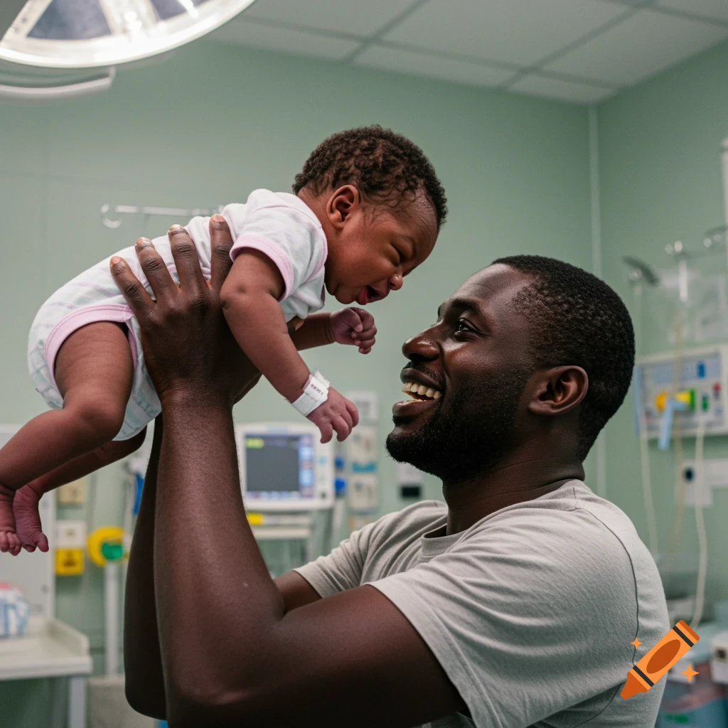A Black man lifts a newborn baby in the air inside a hospital room.