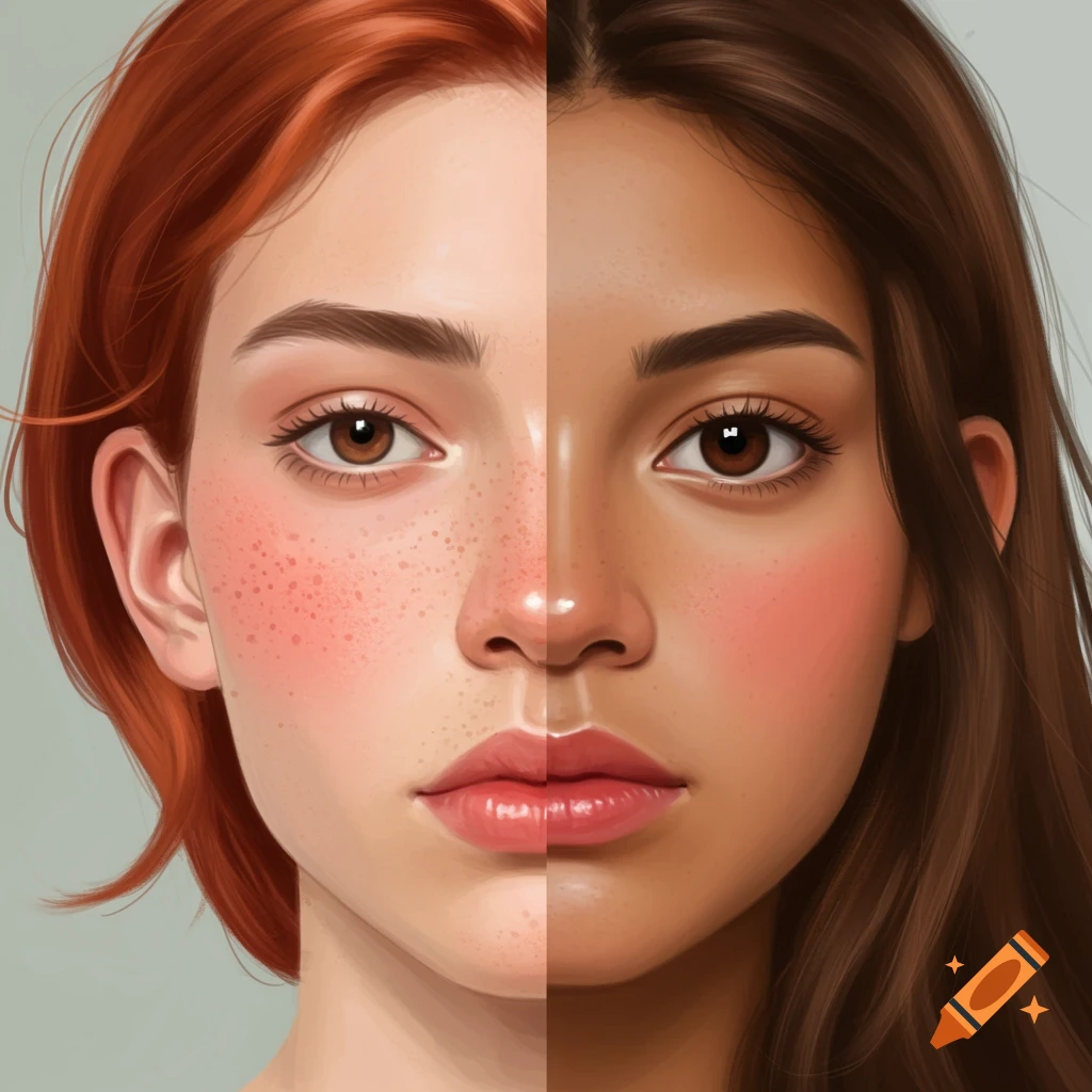 A woman's face split vertically, showing a fair-skinned side with red hair and freckles, and a tan-skinned side with brown hair.