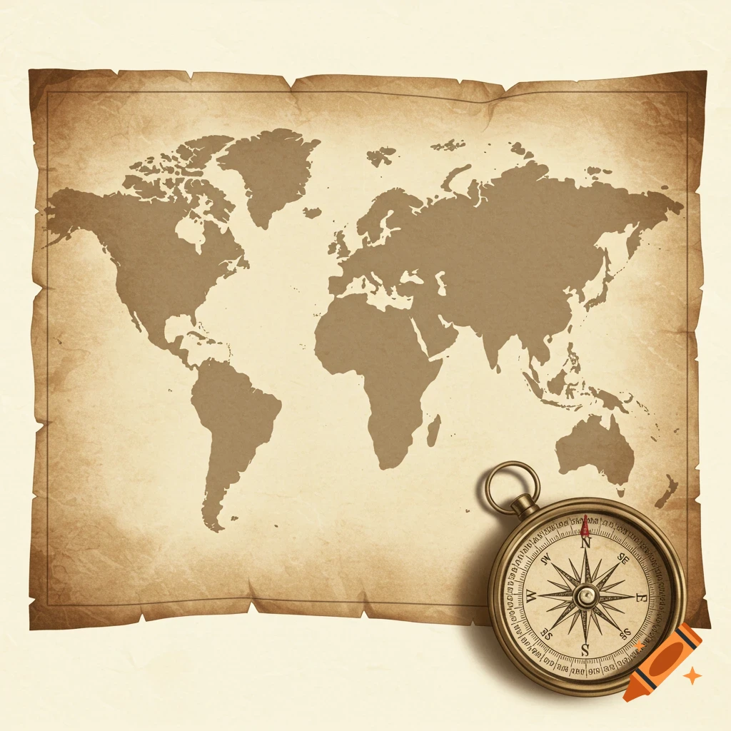An old world map and a brass compass.