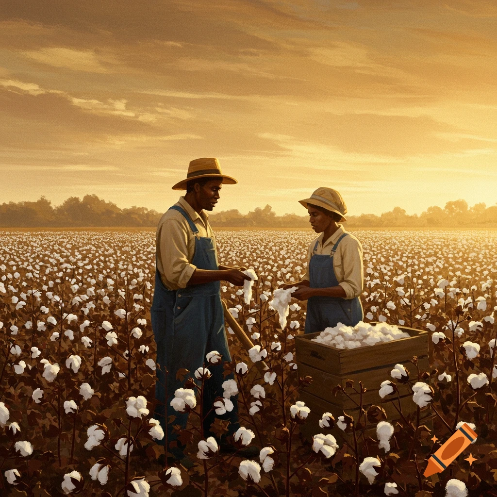 Two people harvesting cotton in a field at sunset.