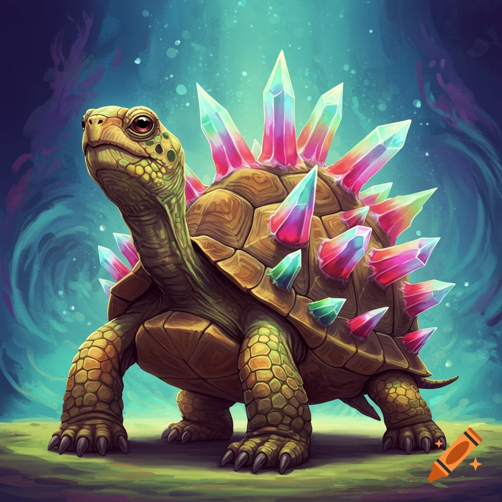 A turtle covered in colorful crystals standing on the ground.