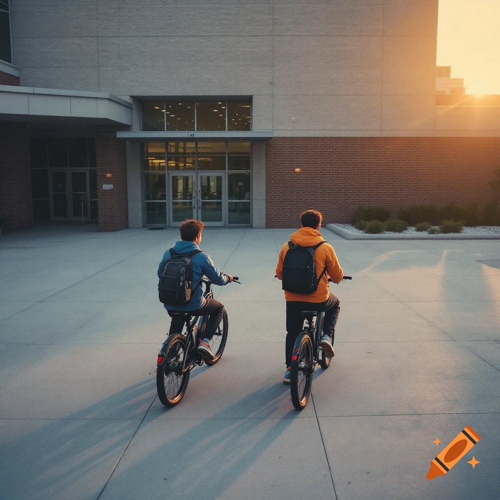 Cinematic drone shot of two teen boys on bikes with backpacks outside a high school at sunset