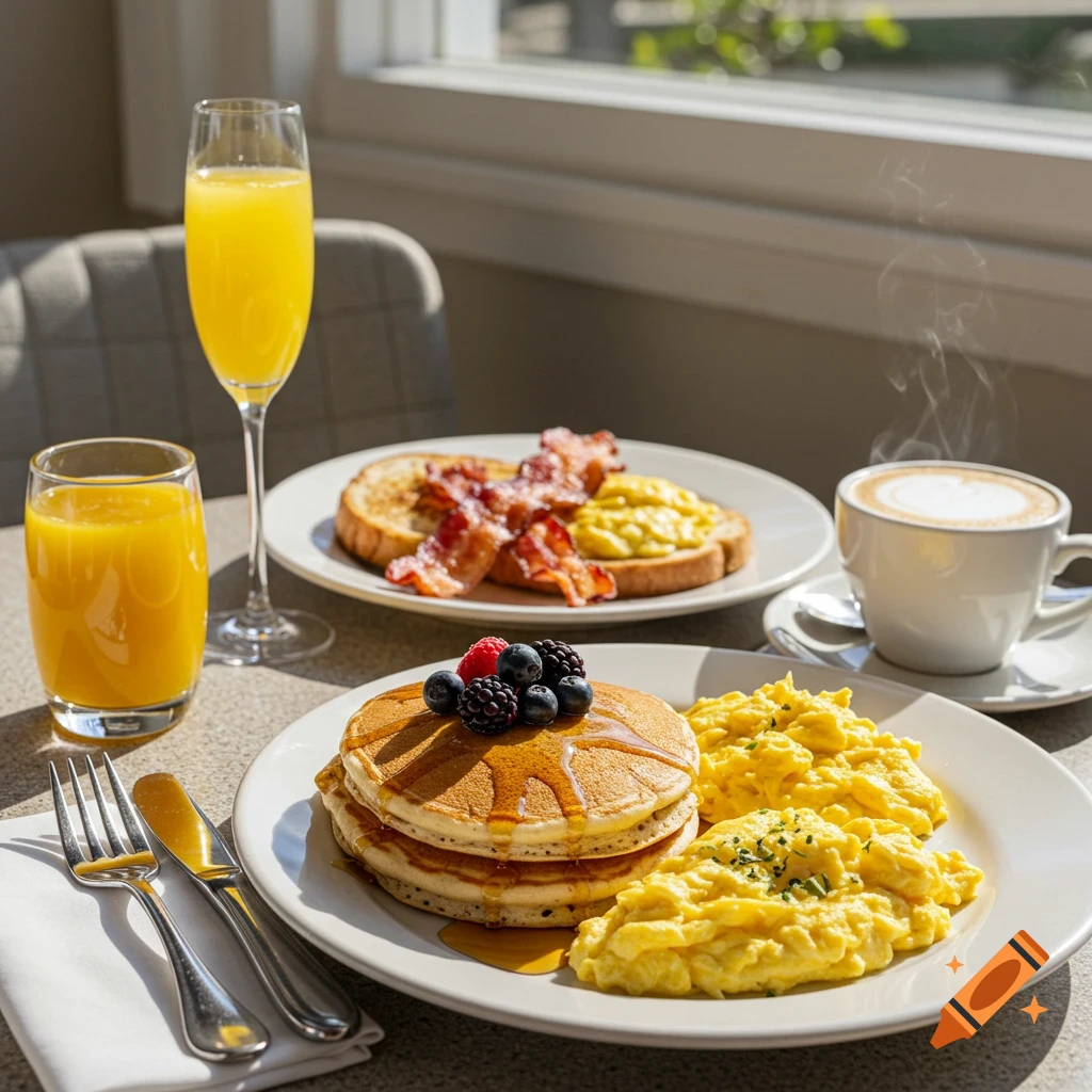A table setting with pancakes, scrambled eggs, bacon, toast, orange juice, and coffee.