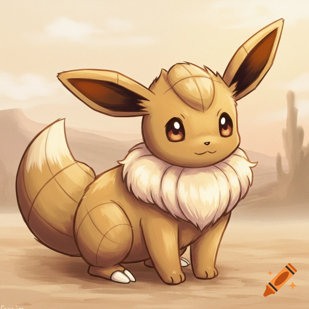 A cute creature resembling an Eevee and Sandshrew mix sitting in a desert landscape.