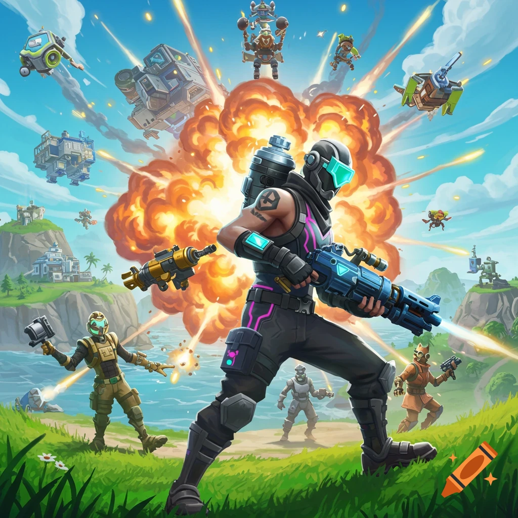 Stylized depiction of Fortnite characters in an action scene with an explosion.