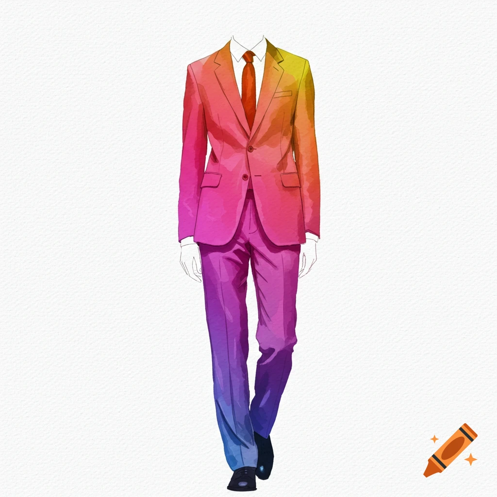 Digital watercolor illustration of a colorful gradient suit