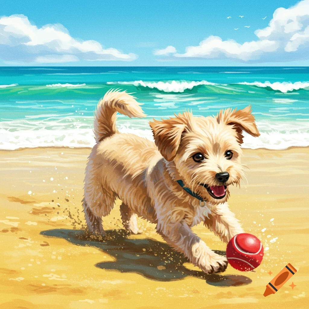 A puppy playing with a red ball on a sunny beach