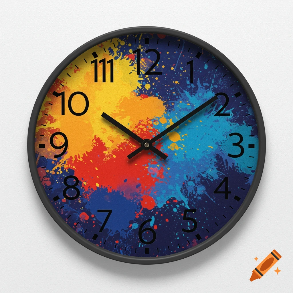 A wall clock with black hands and numbers on a dark blue background with red, yellow, and blue paint splatters.