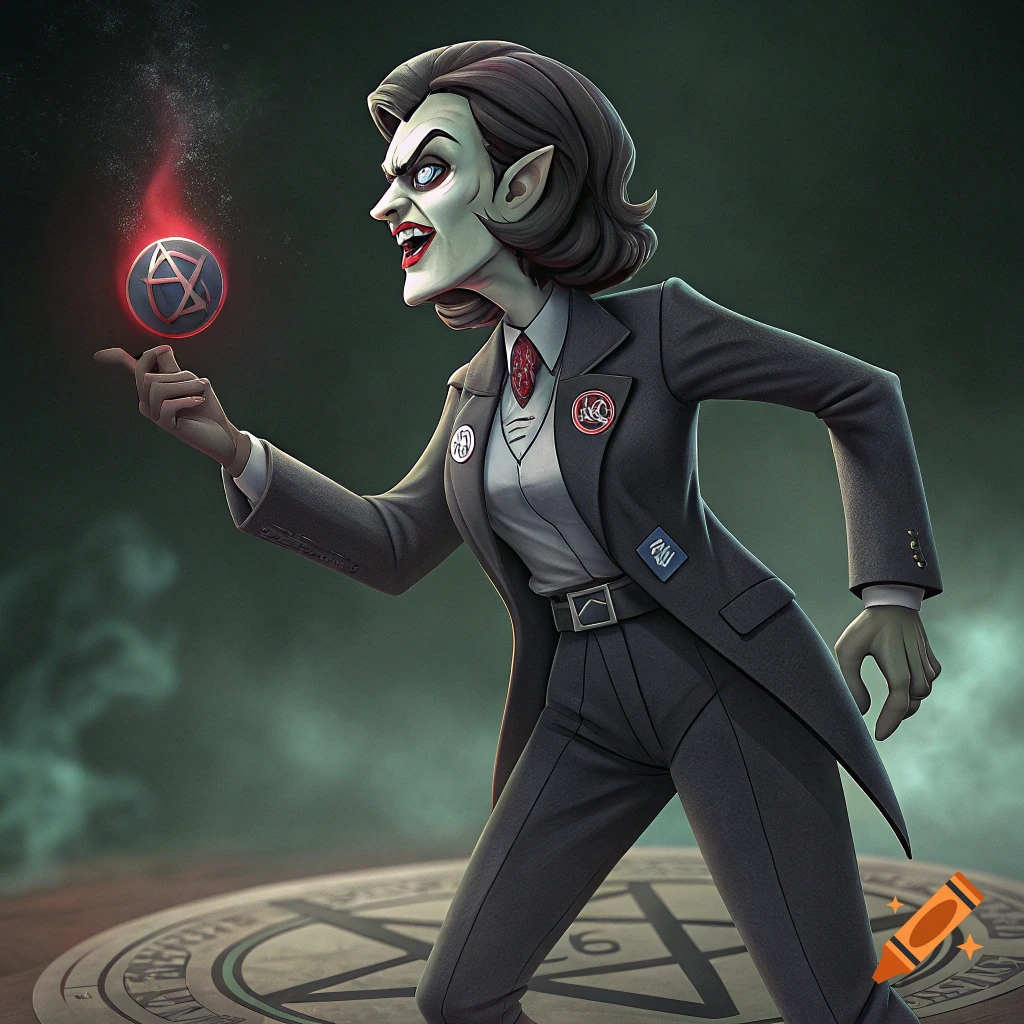 Stylized evil female character in a suit casting a spell over a ritual circle.