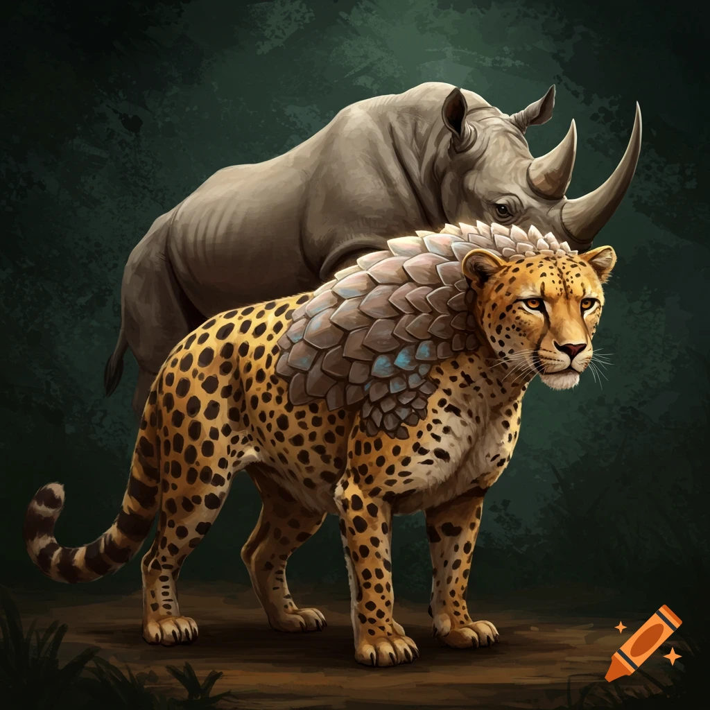 A fantasy creature with cheetah spots, pangolin scales, and a rhino horn, standing in front of a rhino.