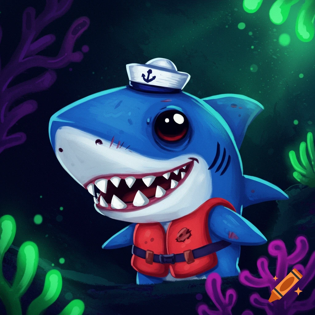 Cartoon shark in sailor hat and life vest underwater.
